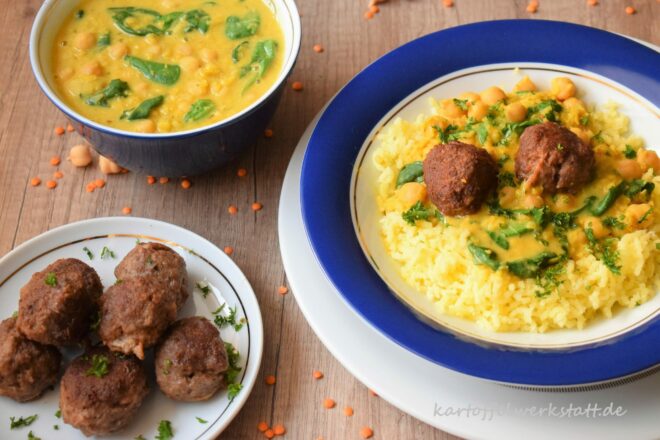 KARTOFFELCURRY MIT KICHERERBSEN, SPINAT & RINDERHACKBÄLLCHEN