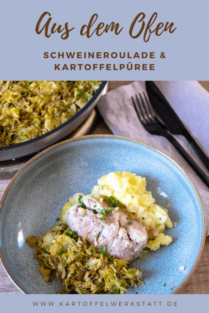 Pinterest Pin - Aus dem Ofen - Französische Küche - Schweinerouladen im Kartoffelpüree gebacken.