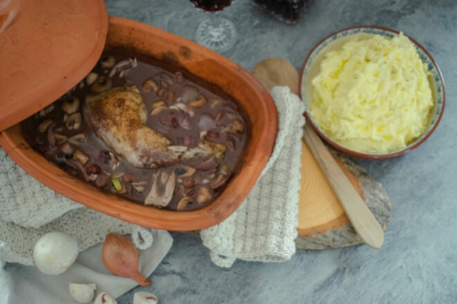 Burgunderhähnchen Kartoffel-Artischokenpüree Kartoffelwerkstatt